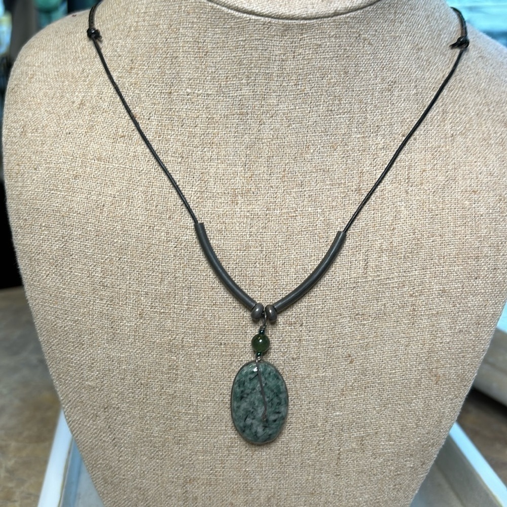 Natural green stone, metal and beaded corded necklace